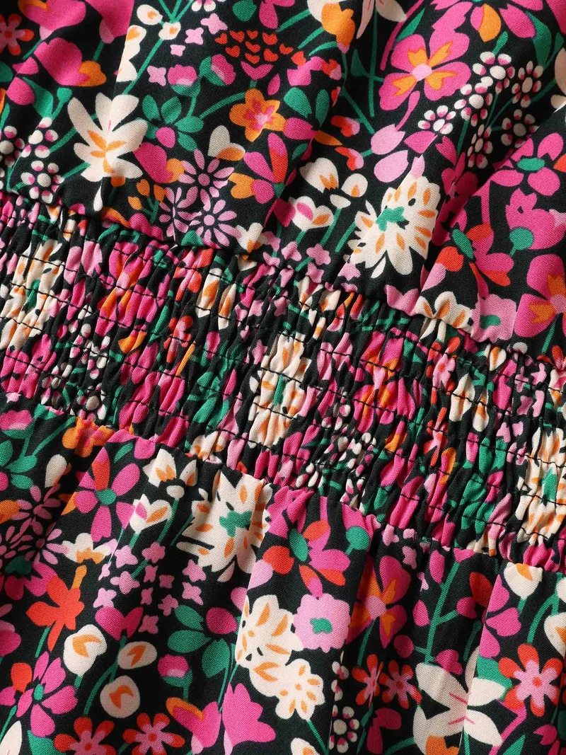 Floral Print Shirred Waist Ruffled Midi Dress