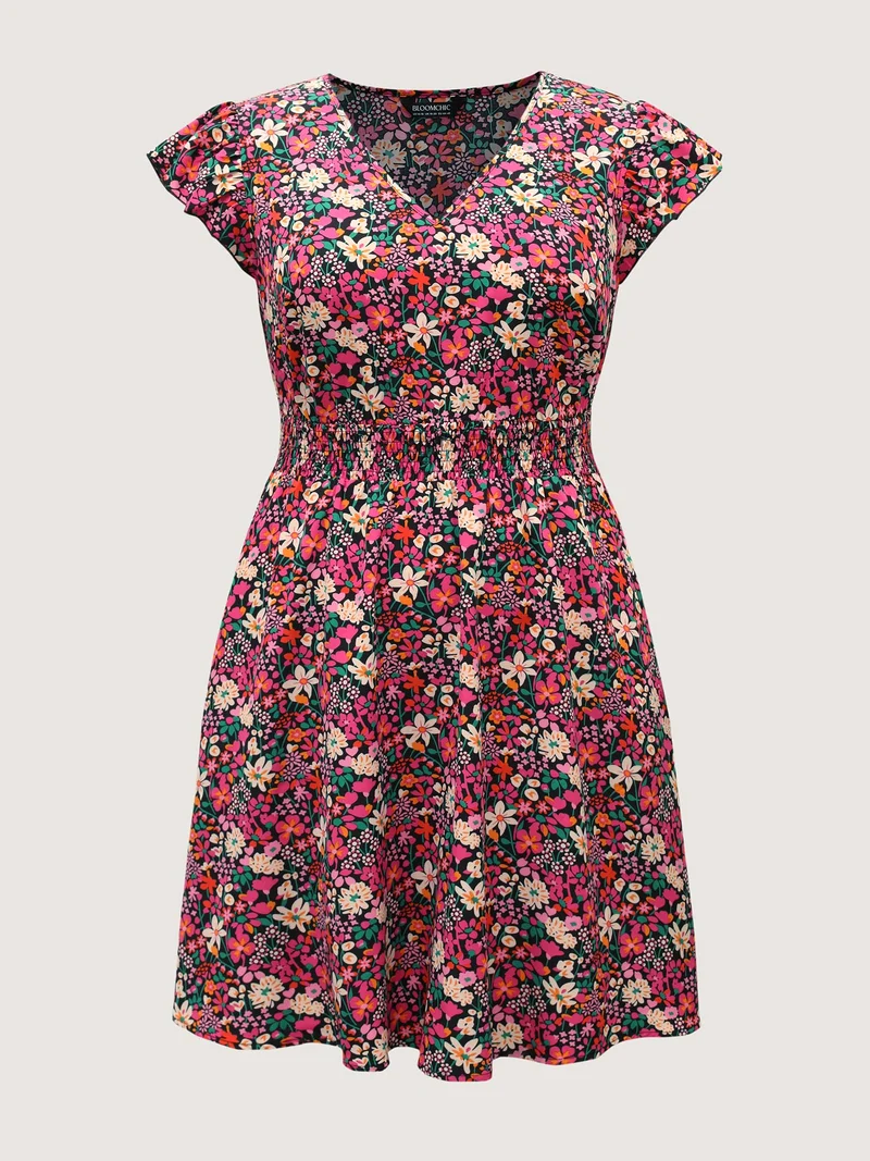 Floral Print Shirred Waist Ruffled Midi Dress
