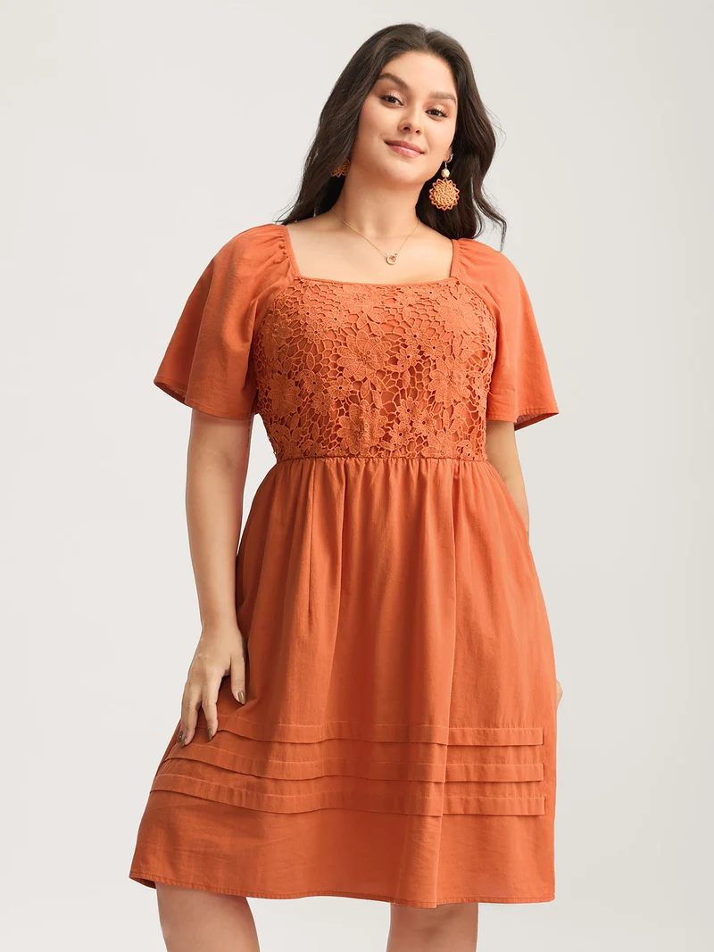 Cotton Lace Stretchy Waist Pockets Midi Dress