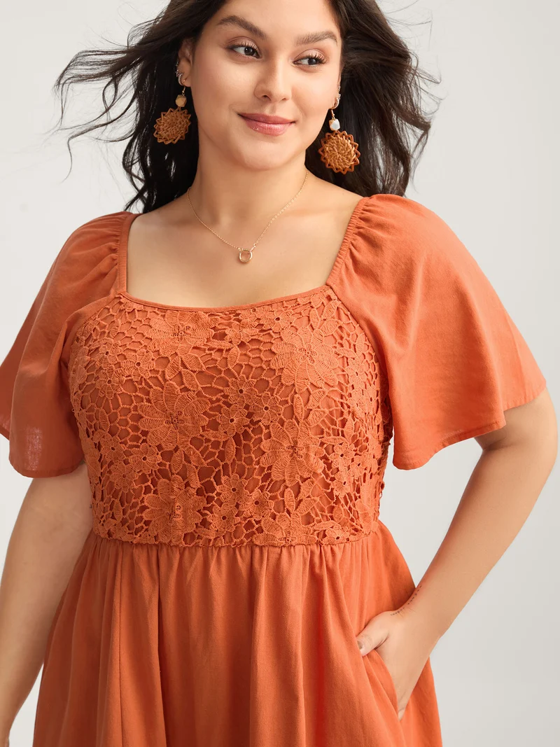 Cotton Lace Stretchy Waist Pockets Midi Dress