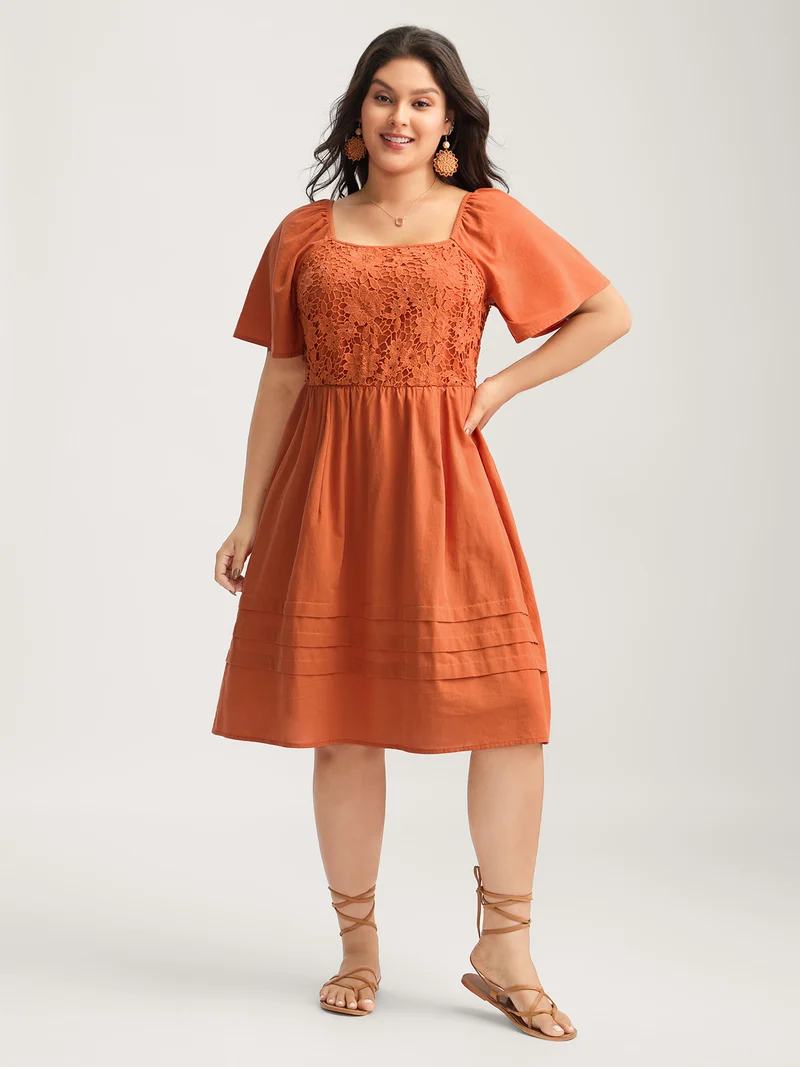 Cotton Lace Stretchy Waist Pockets Midi Dress