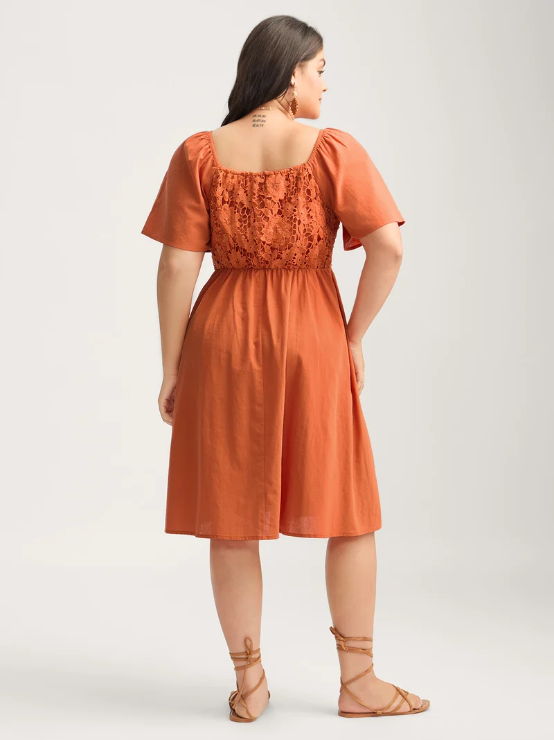 Cotton Lace Stretchy Waist Pockets Midi Dress