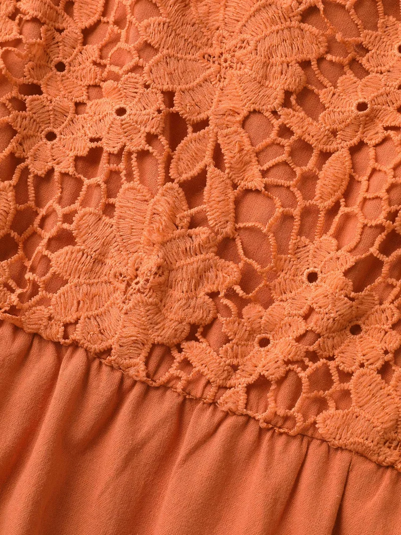 Cotton Lace Stretchy Waist Pockets Midi Dress