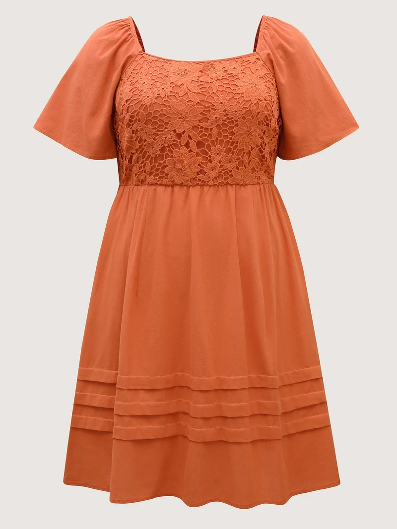 Cotton Lace Stretchy Waist Pockets Midi Dress