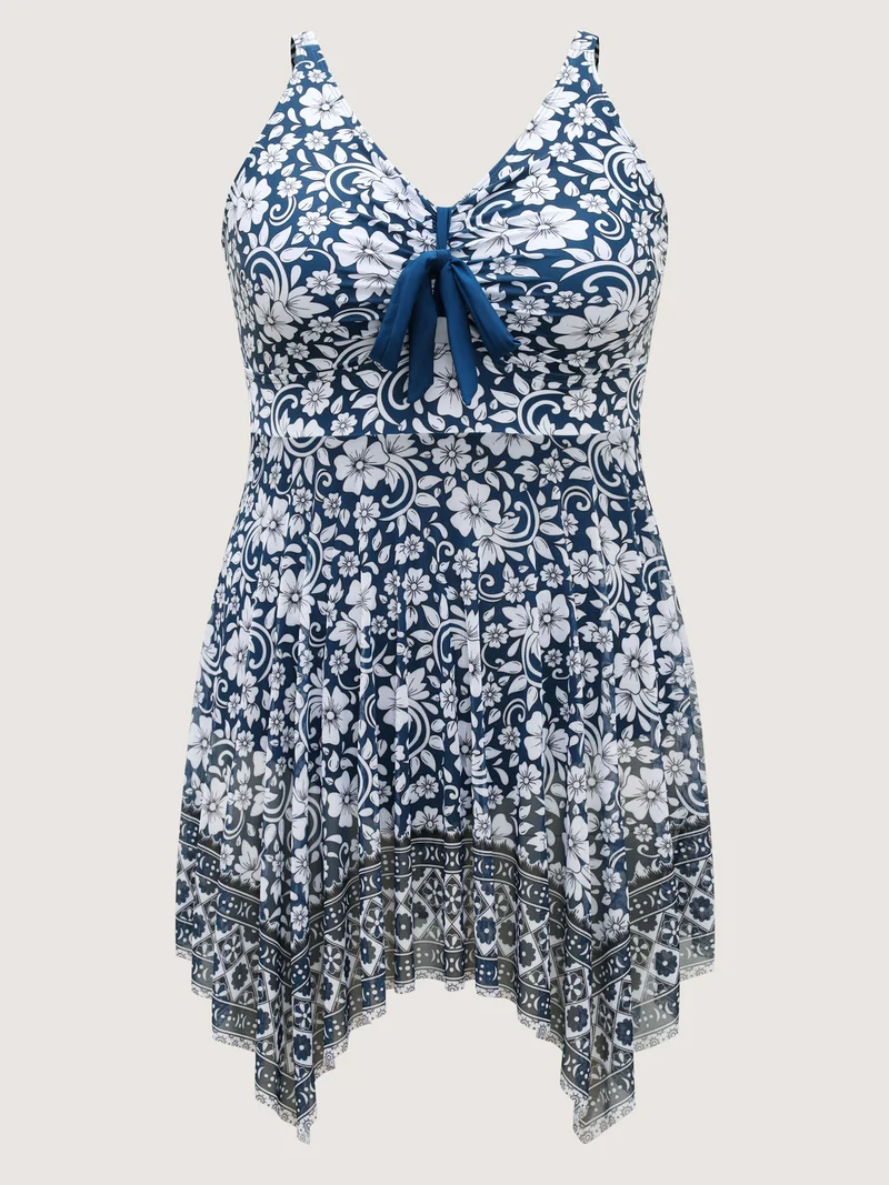 Floral Handkerchief Hem Flowy Swim Dress