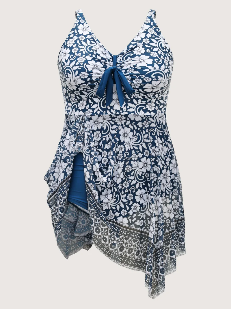 Floral Handkerchief Hem Flowy Swim Dress