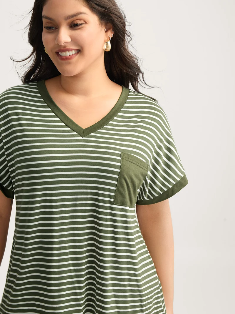 Stripe Color Contrast Pockets T-Shirt