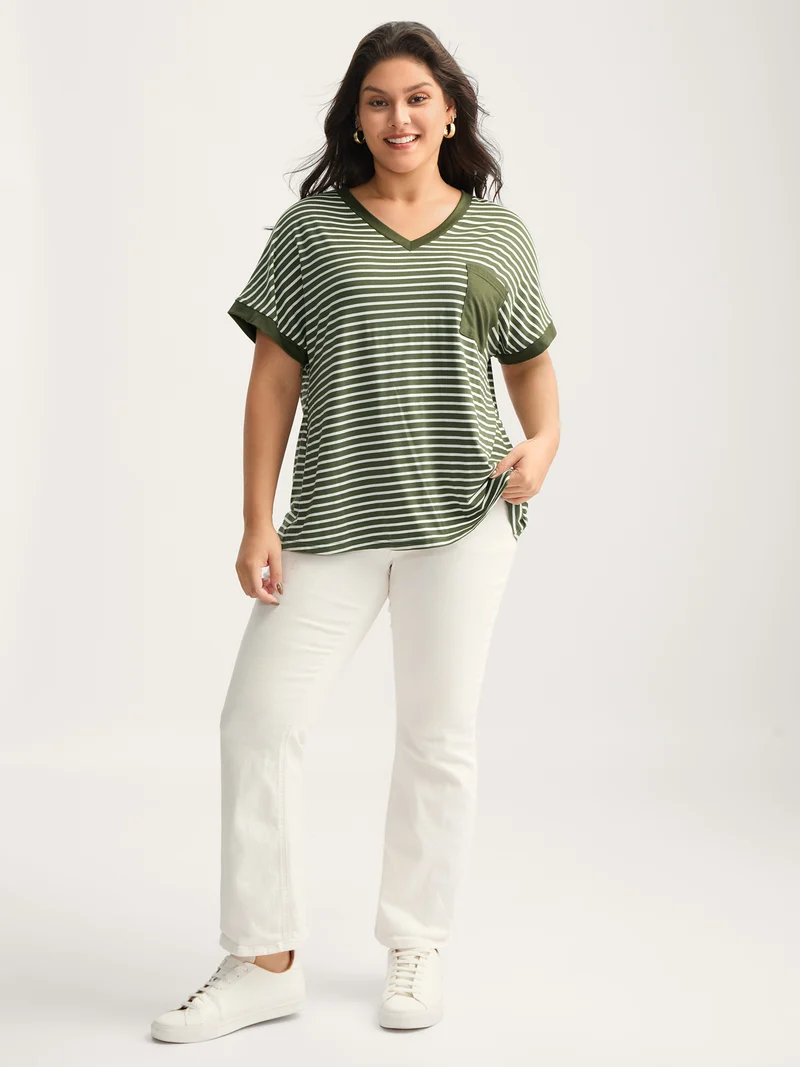 Stripe Color Contrast Pockets T-Shirt