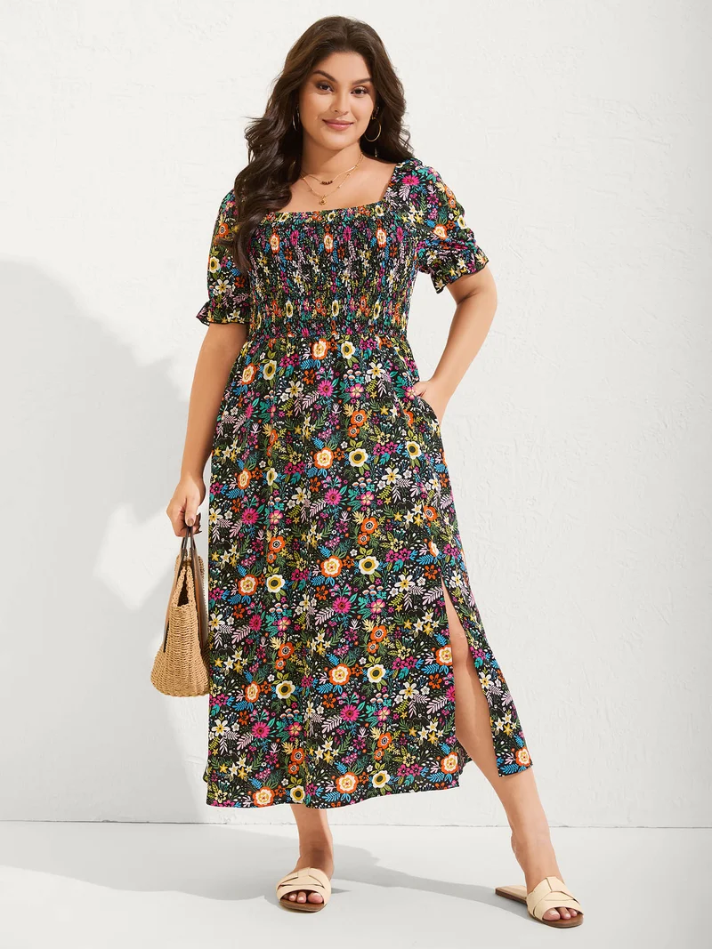 Shirred Stretchy Waist Floral Midi Dress