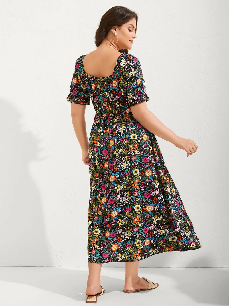 Shirred Stretchy Waist Floral Midi Dress