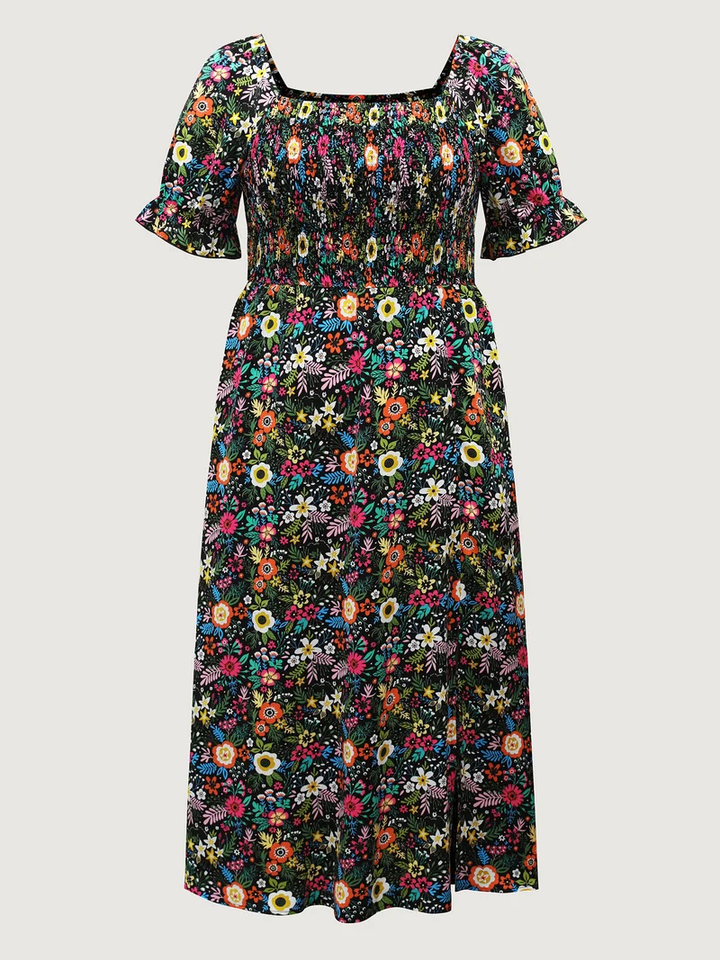 Shirred Stretchy Waist Floral Midi Dress