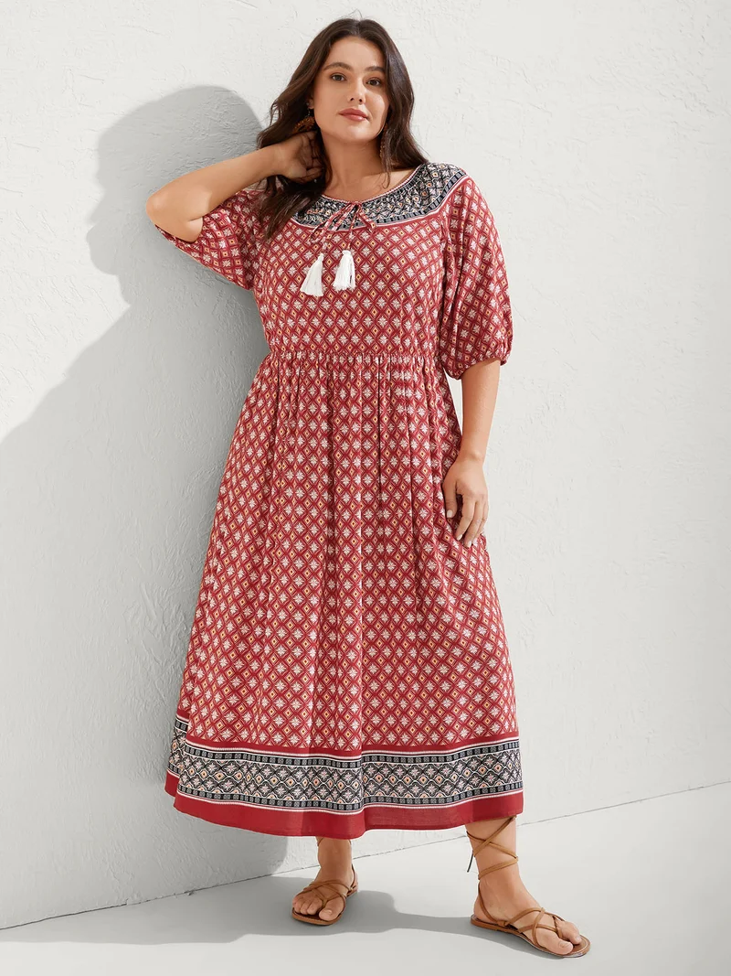 Rayon Boho Print Neck Tie Midi Dress