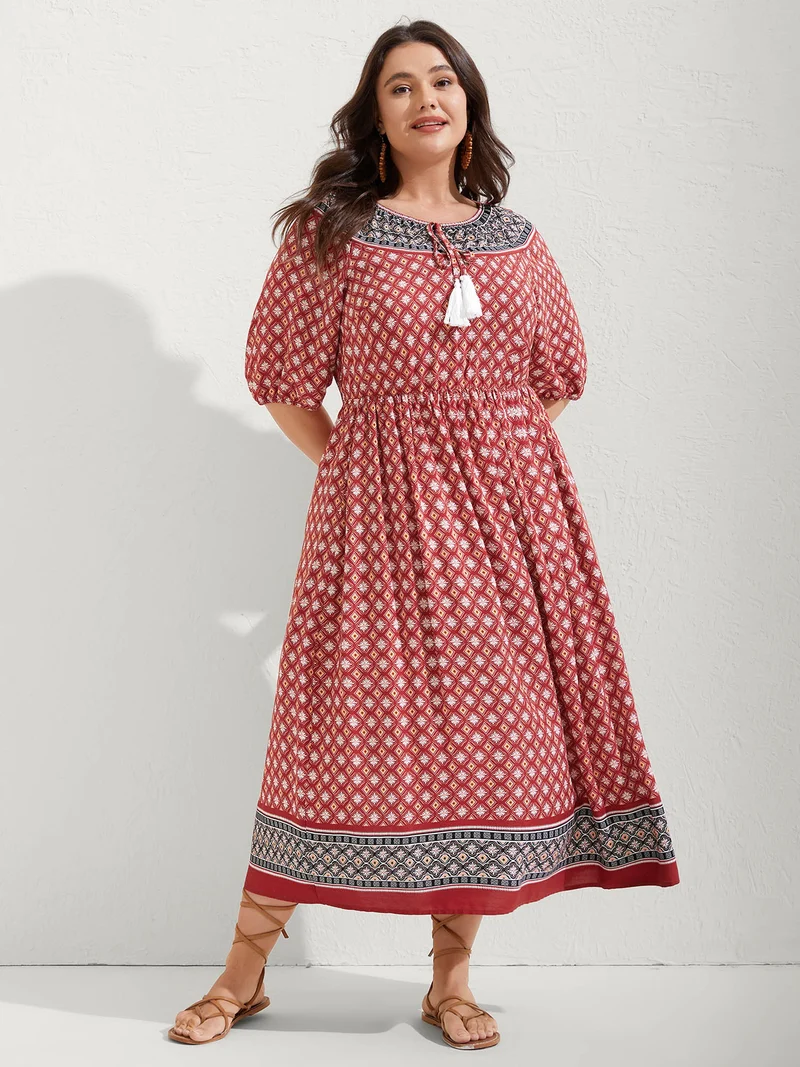 Rayon Boho Print Neck Tie Midi Dress