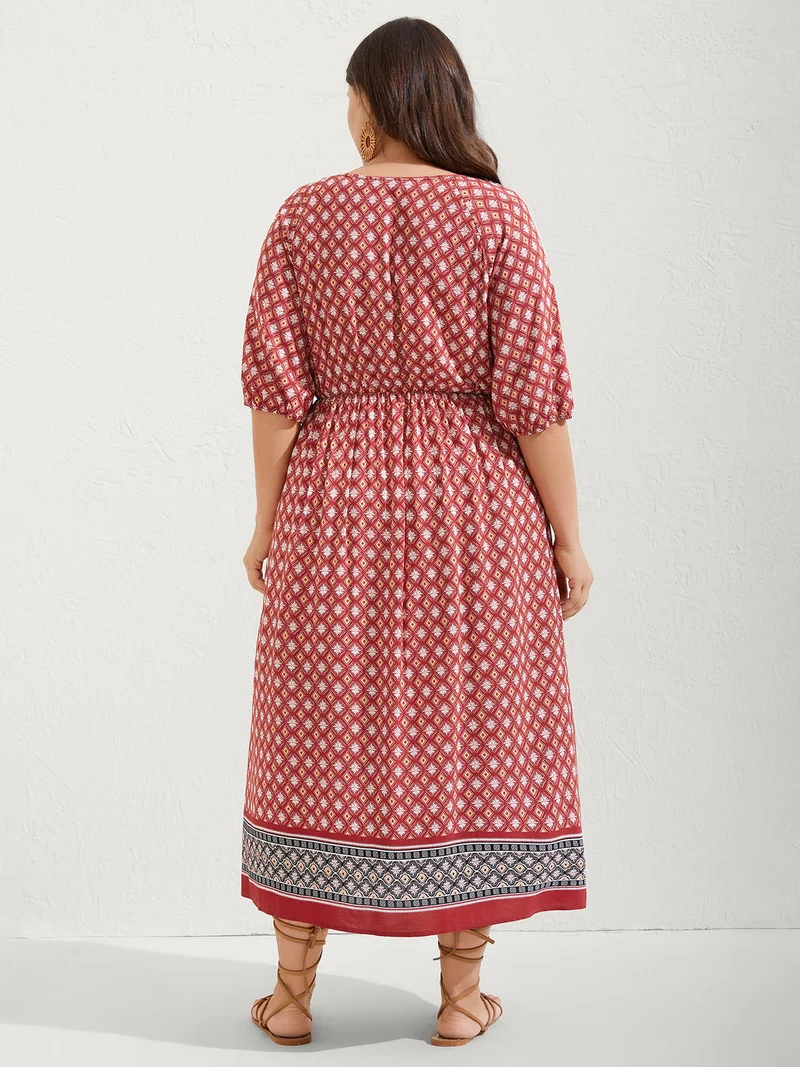 Rayon Boho Print Neck Tie Midi Dress