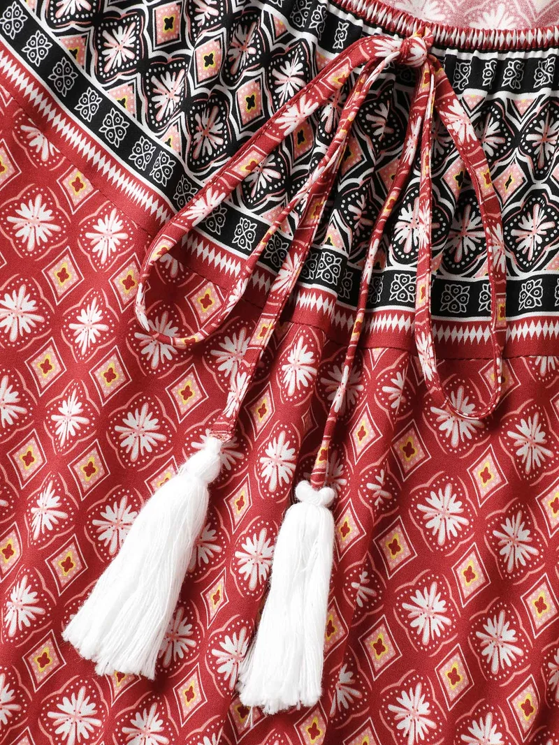 Rayon Boho Print Neck Tie Midi Dress