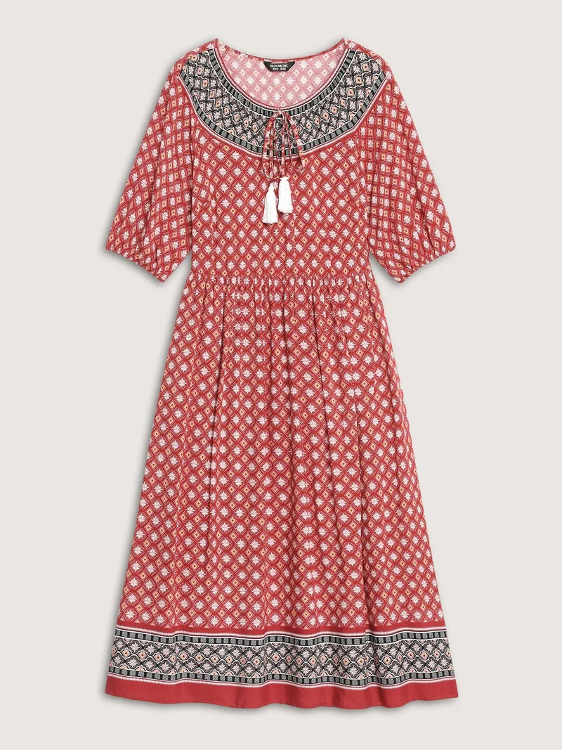Rayon Boho Print Neck Tie Midi Dress
