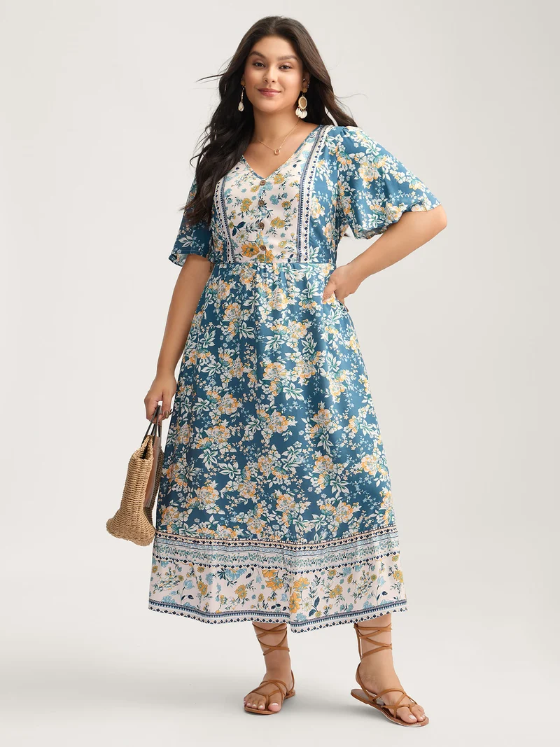 Floral Contrast Button V-Neck Midi Dress