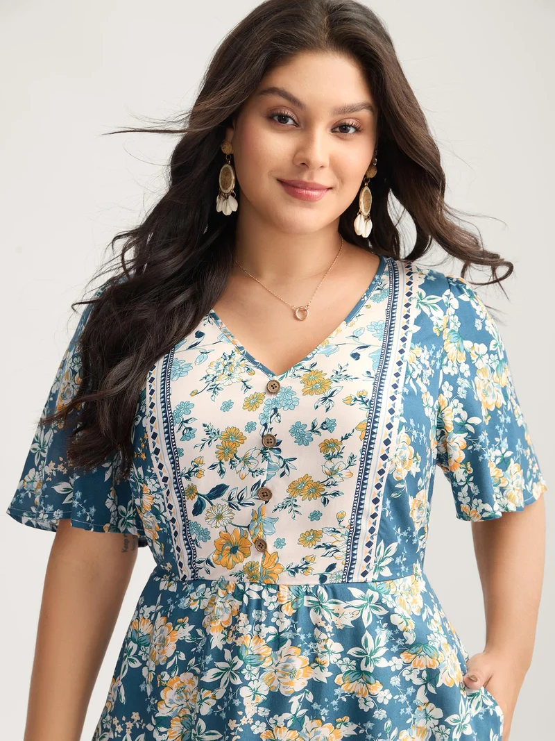 Floral Contrast Button V-Neck Midi Dress