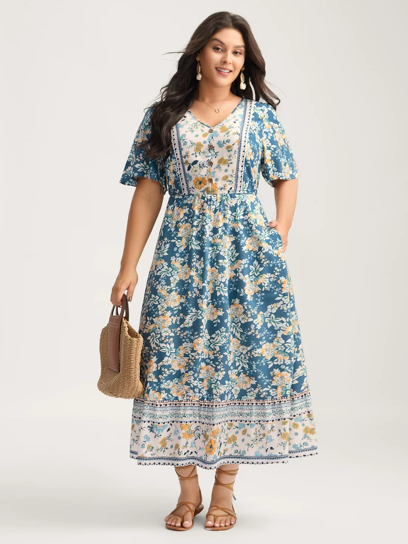 Floral Contrast Button V-Neck Midi Dress