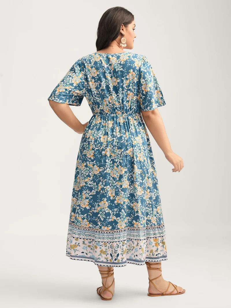 Floral Contrast Button V-Neck Midi Dress