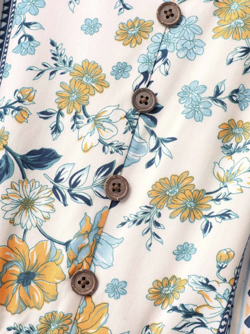 Floral Contrast Button V-Neck Midi Dress