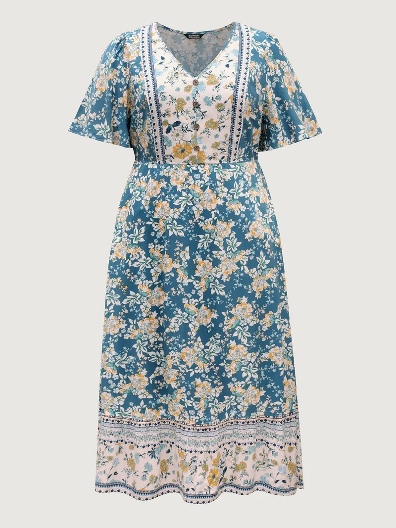 Floral Contrast Button V-Neck Midi Dress