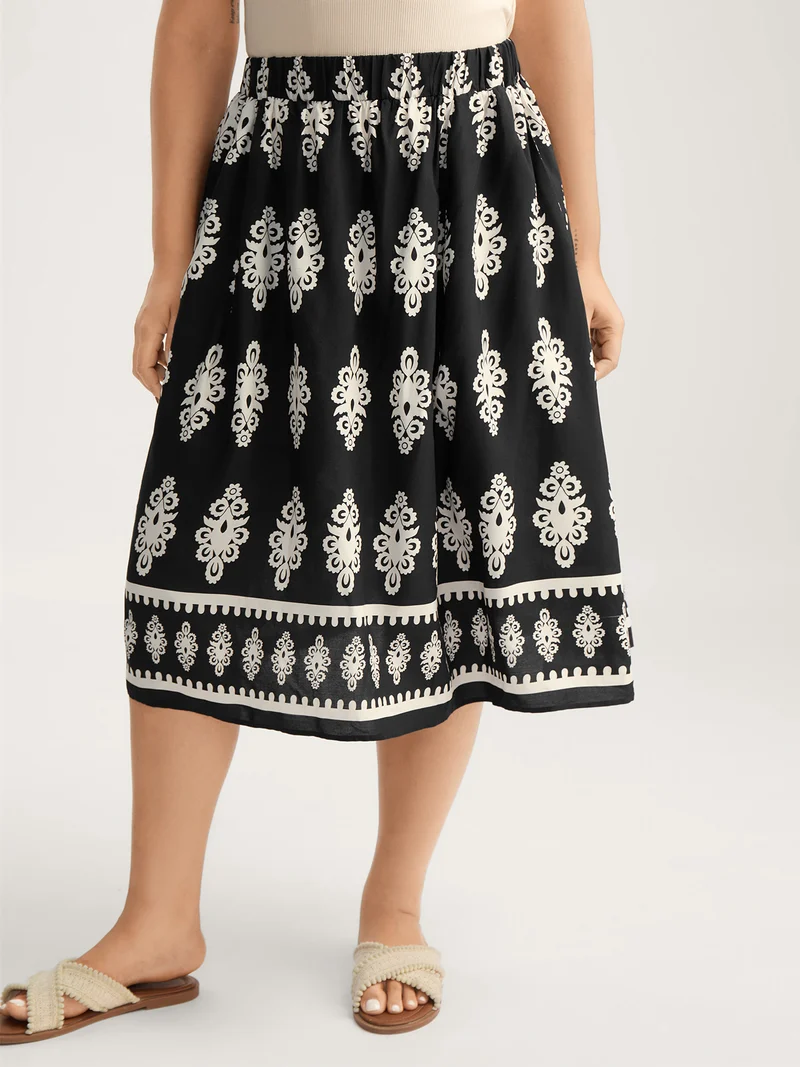 Boho Print A-Line Midi Skirt