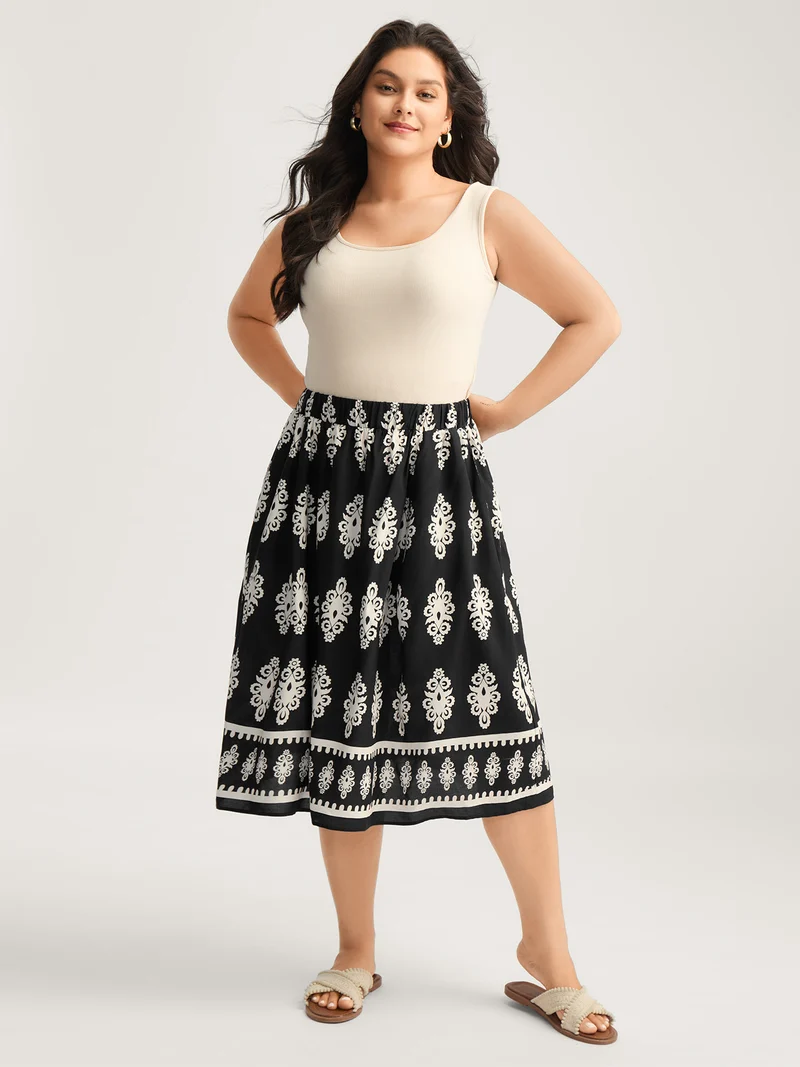 Boho Print A-Line Midi Skirt