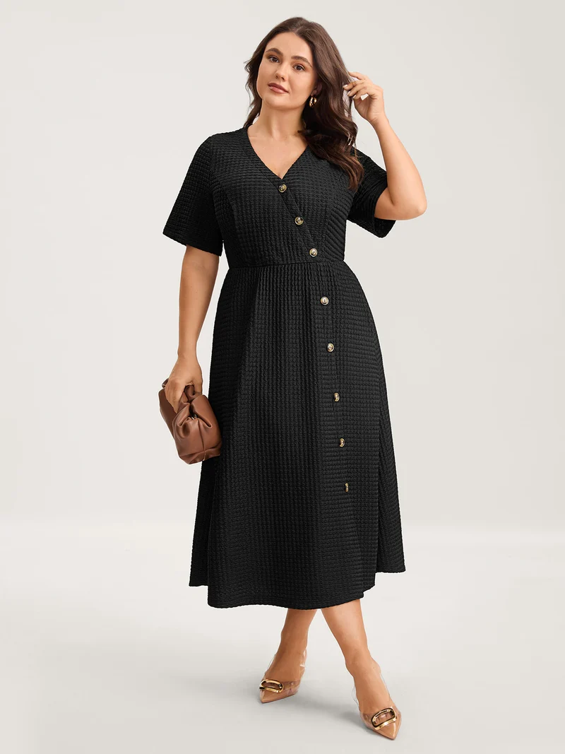 Textured Wrap Button Placket Midi Dress
