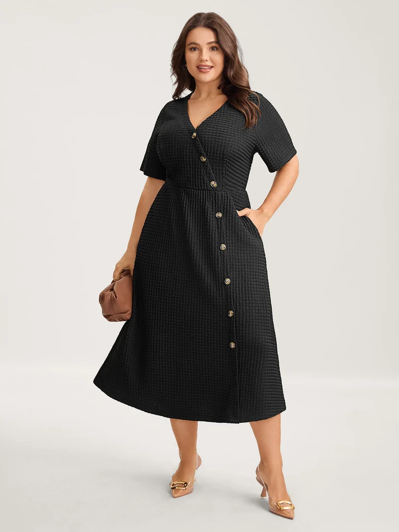 Textured Wrap Button Placket Midi Dress