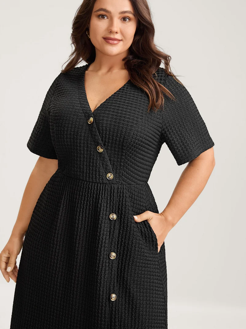 Textured Wrap Button Placket Midi Dress