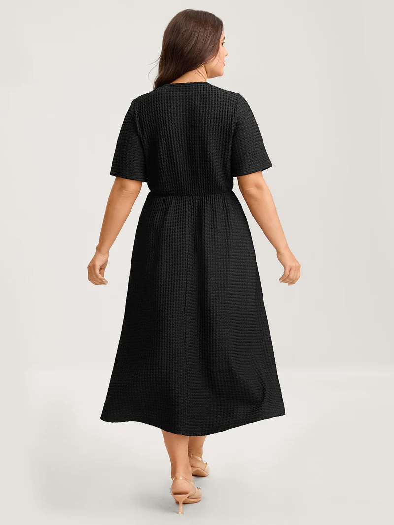 Textured Wrap Button Placket Midi Dress