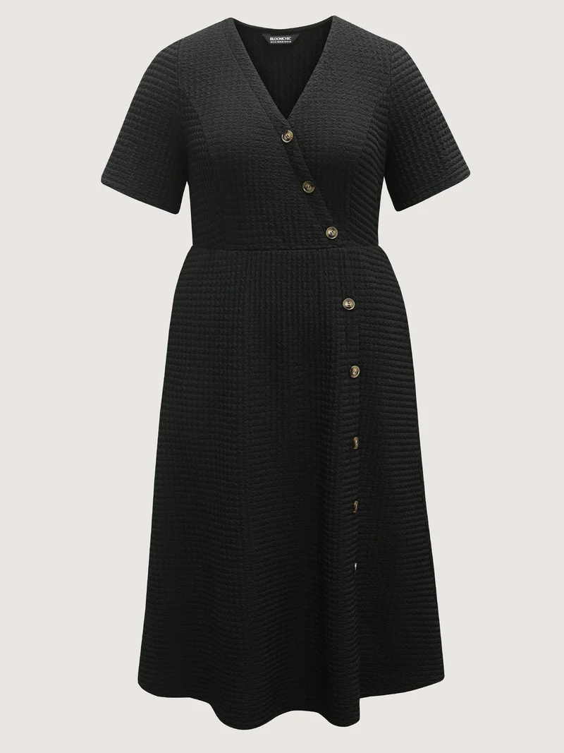 Textured Wrap Button Placket Midi Dress