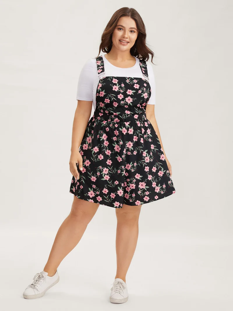 Floral Print Overall Straps Stretchy Romper