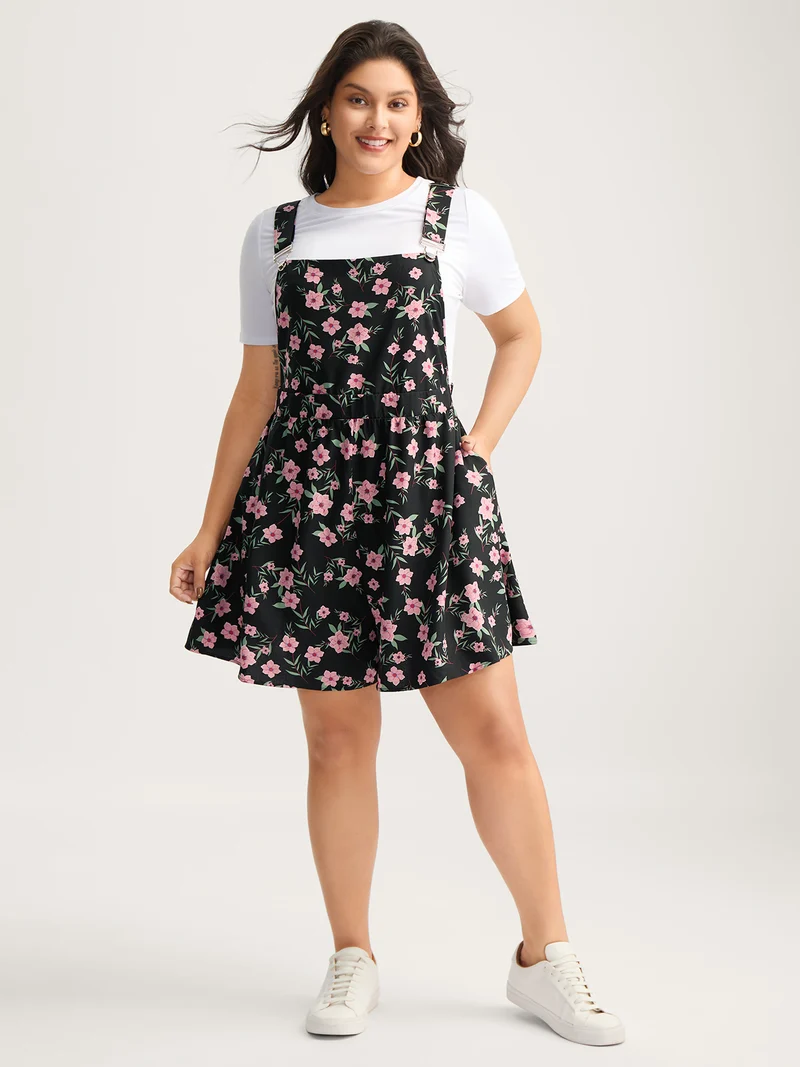 Floral Print Overall Straps Stretchy Romper