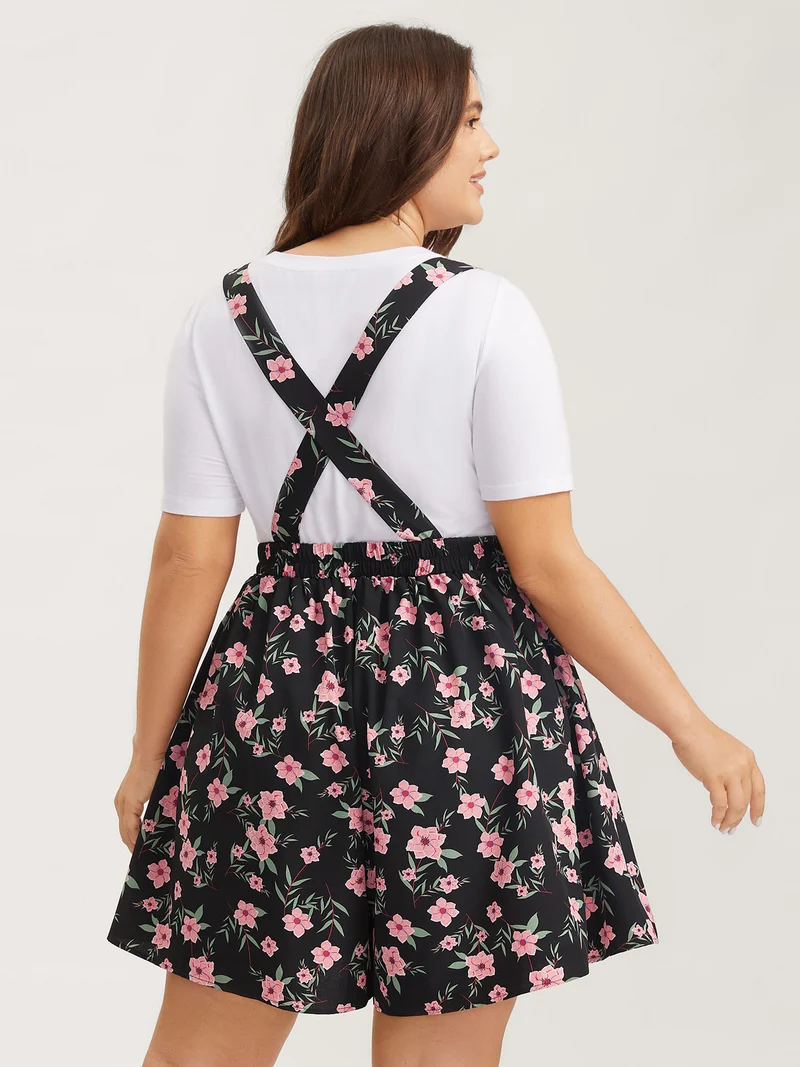 Floral Print Overall Straps Stretchy Romper