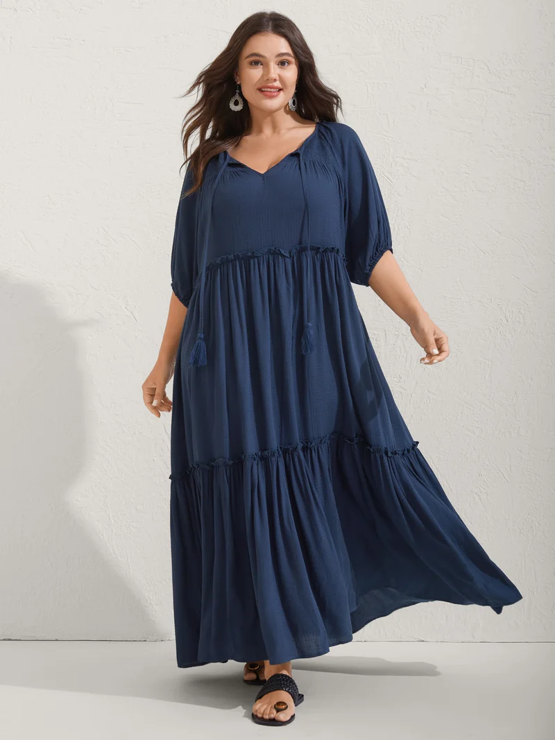 Shirred Neck Tie Tiered Puff Sleeve Dress