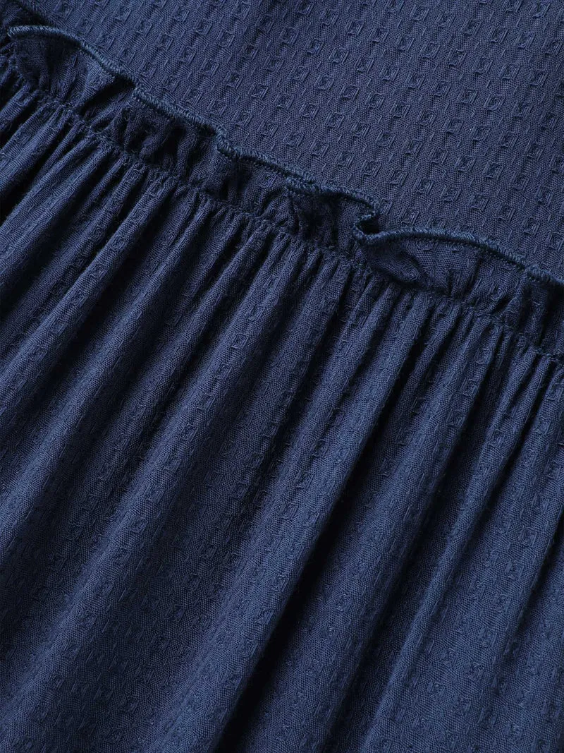 Shirred Neck Tie Tiered Puff Sleeve Dress