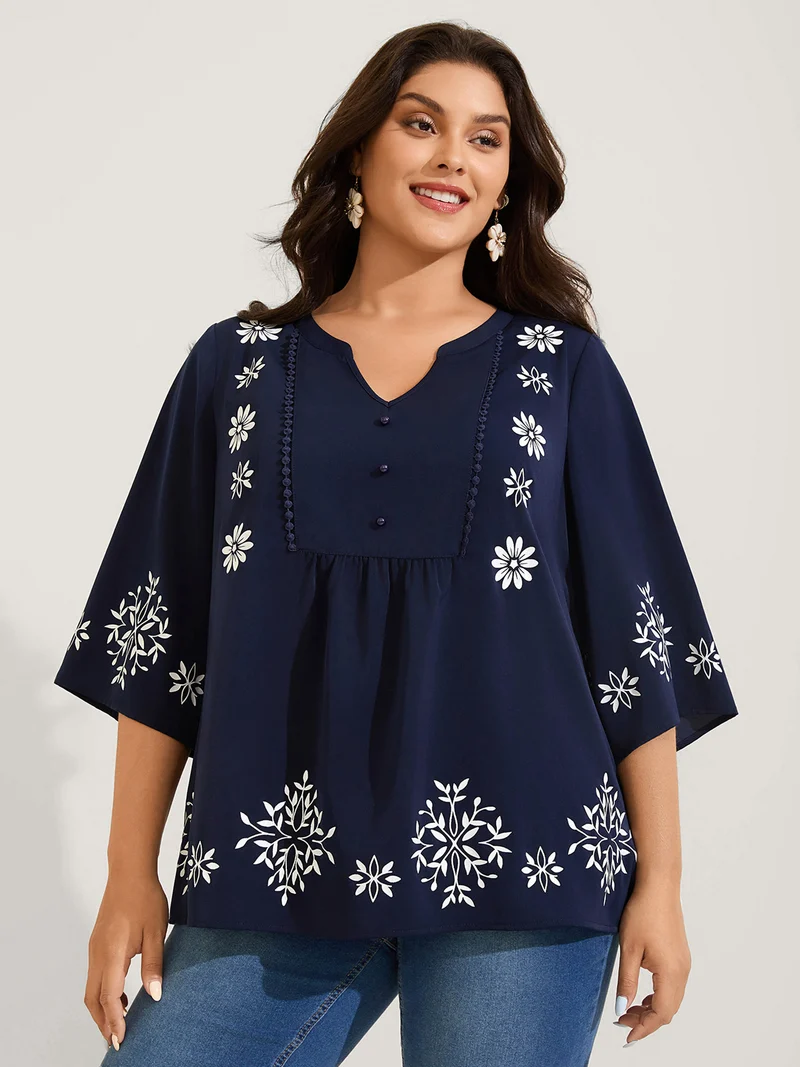 Floral Print Button Detail Solid Blouse