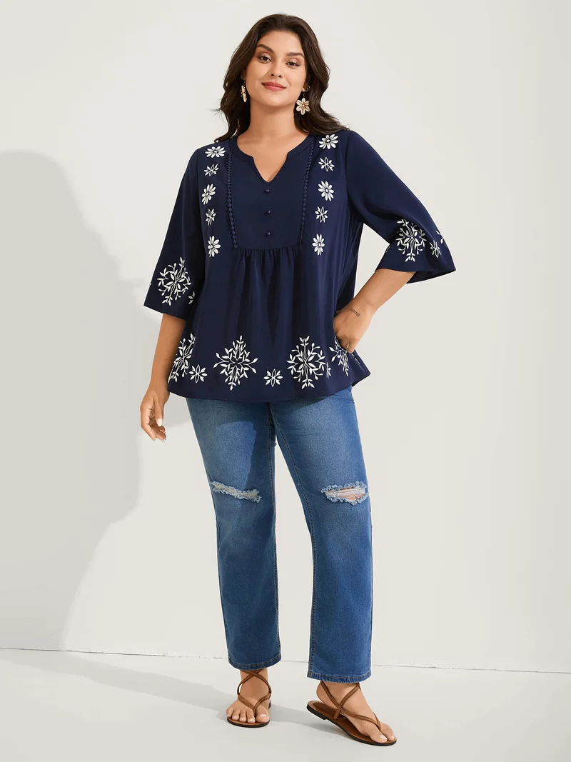 Floral Print Button Detail Solid Blouse
