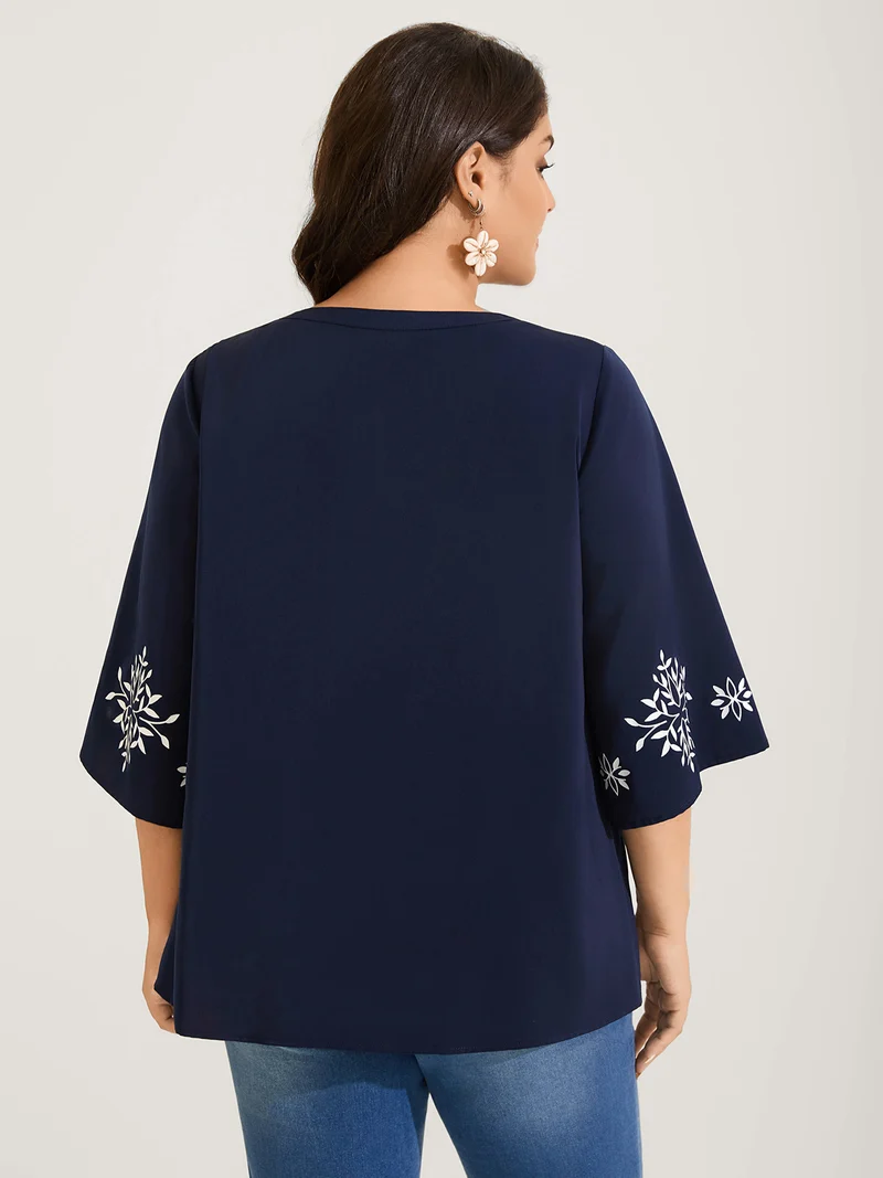 Floral Print Button Detail Solid Blouse
