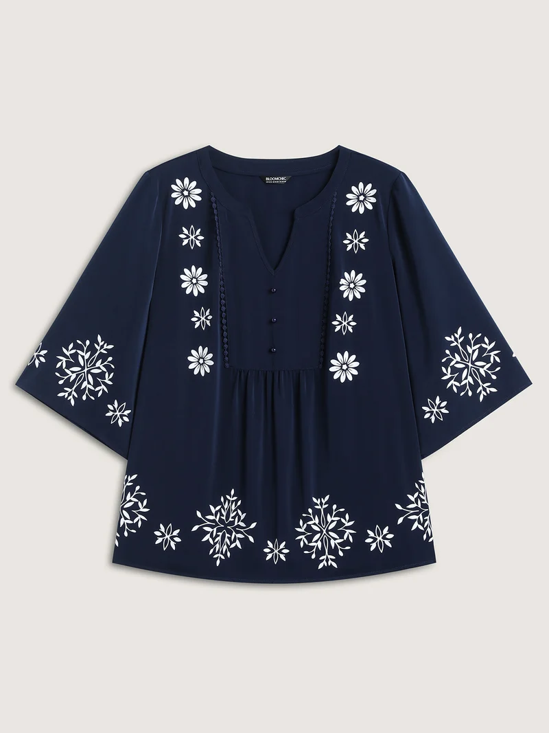 Floral Print Button Detail Solid Blouse