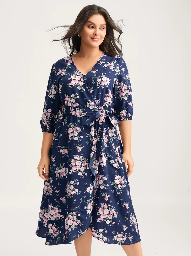 Floral Print Belted Wrap Hem Midi Dress