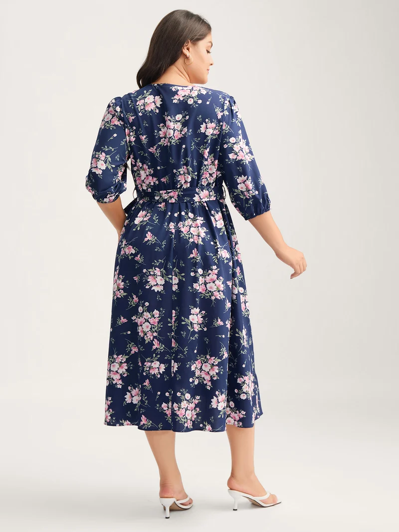 Floral Print Belted Wrap Hem Midi Dress