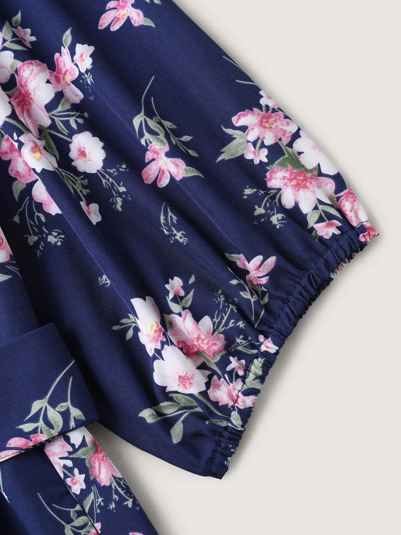 Floral Print Belted Wrap Hem Midi Dress