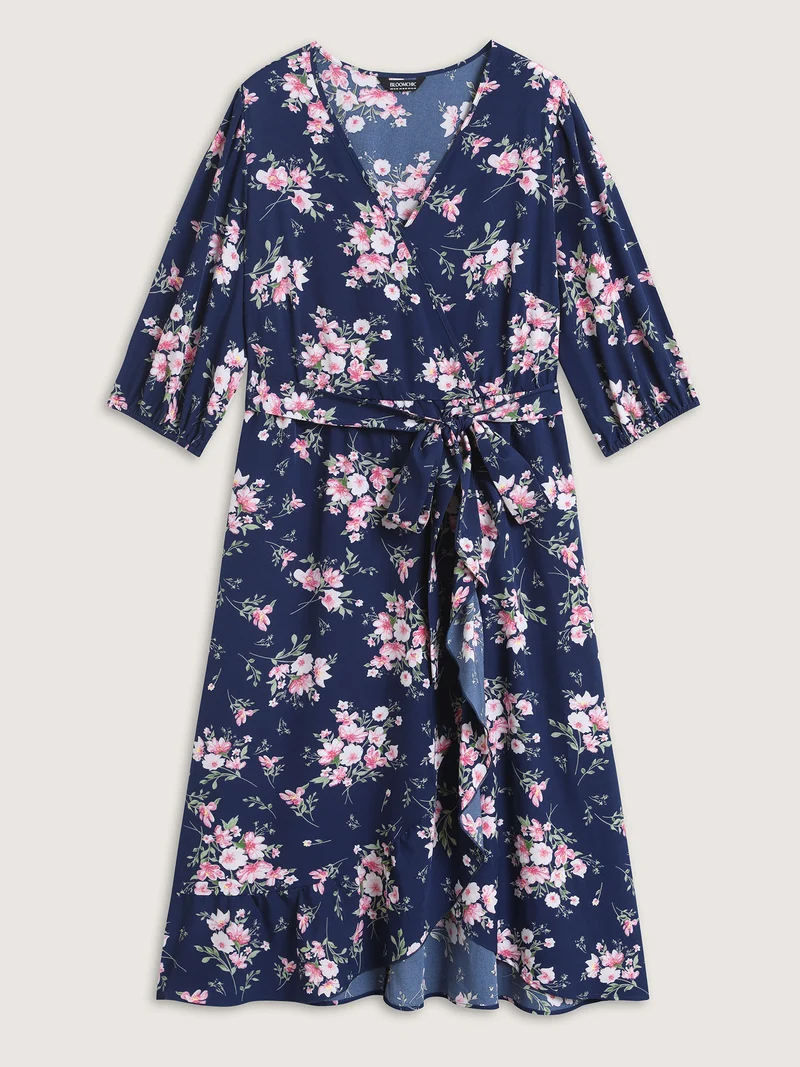Floral Print Belted Wrap Hem Midi Dress