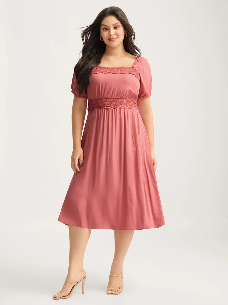 Lace Trim Stretchy Waist Pockets Midi Dress