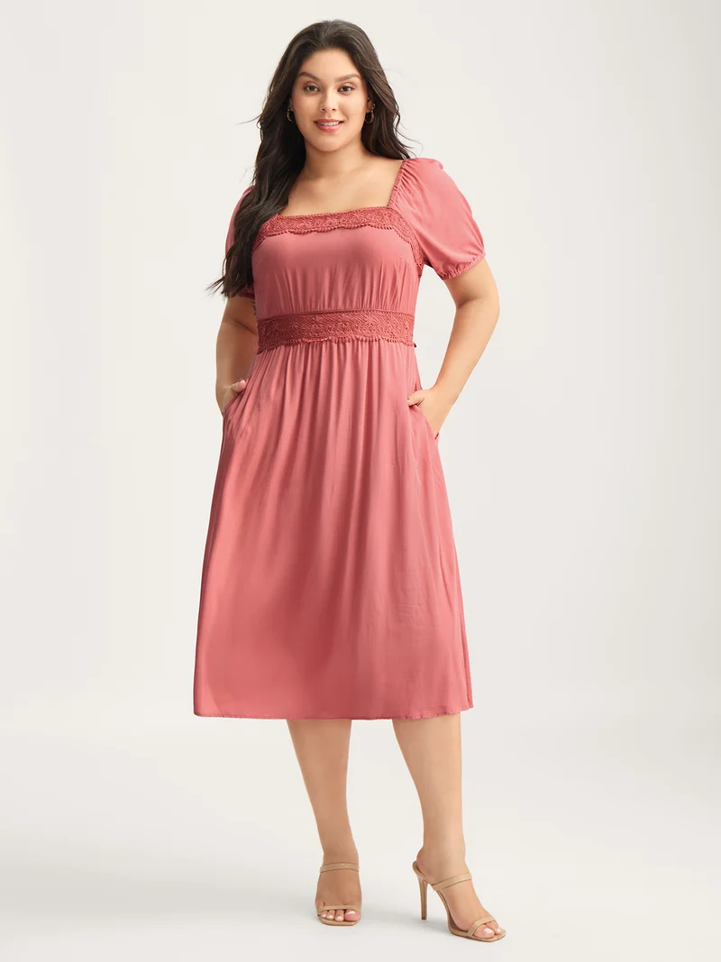 Lace Trim Stretchy Waist Pockets Midi Dress