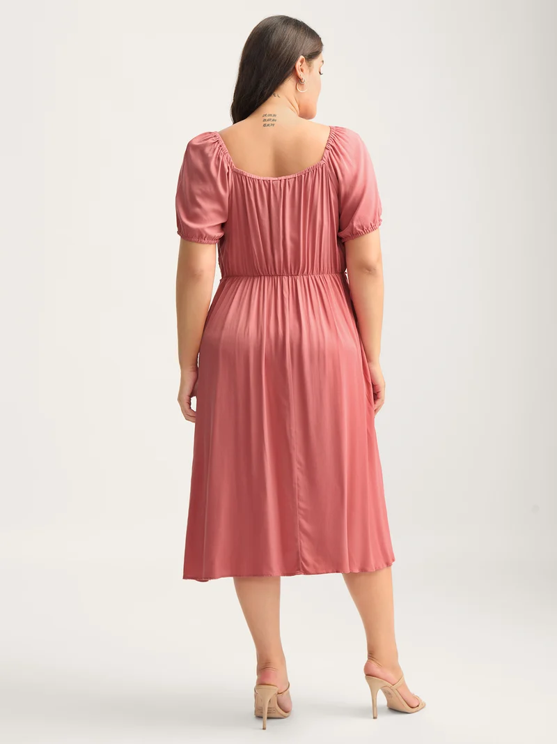 Lace Trim Stretchy Waist Pockets Midi Dress