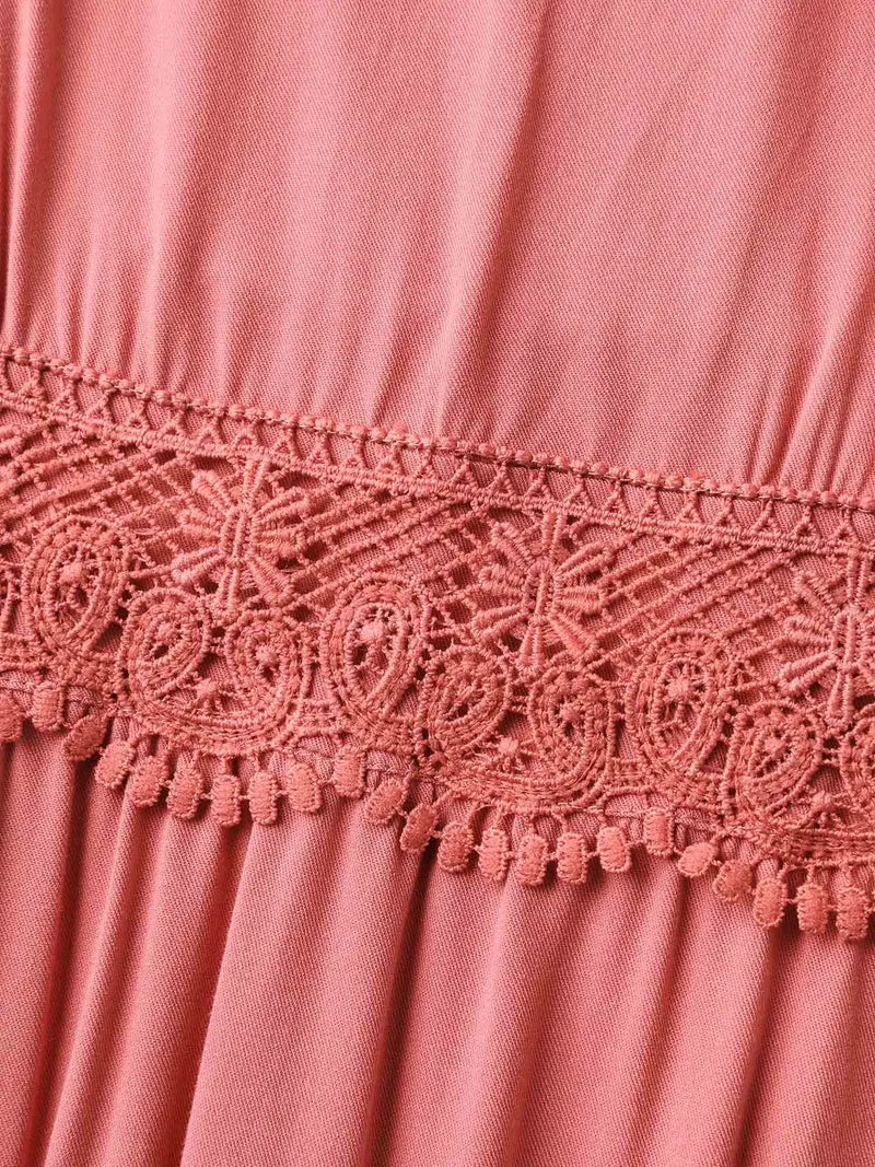 Lace Trim Stretchy Waist Pockets Midi Dress